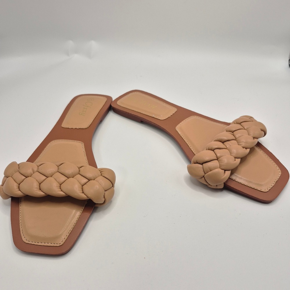 Cfxxy Women Tan Braided Square Toe Flat Slide Sandals Size 42 Casual Slip On